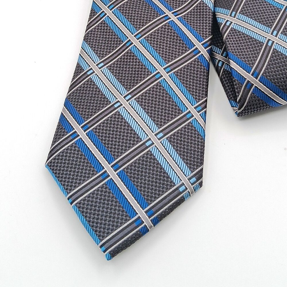 Protocol Plaid Tie Mens 61” Gray Blue Textured Designer Classic Preppy New